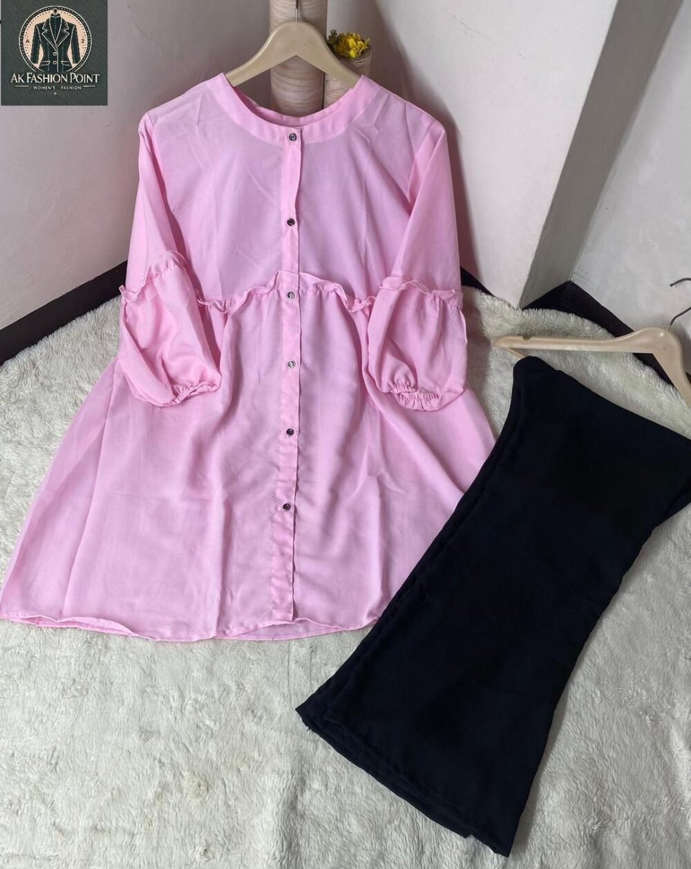 2 Pcs Women's Stitched Plain Shirt And Trouser - Image 3
