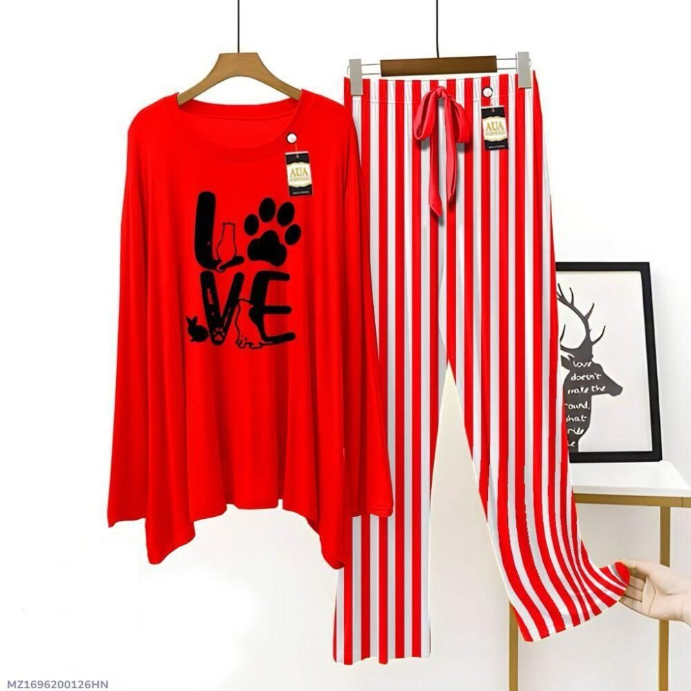2 Pcs Women's Stitched Printed Night Suit - Image 3